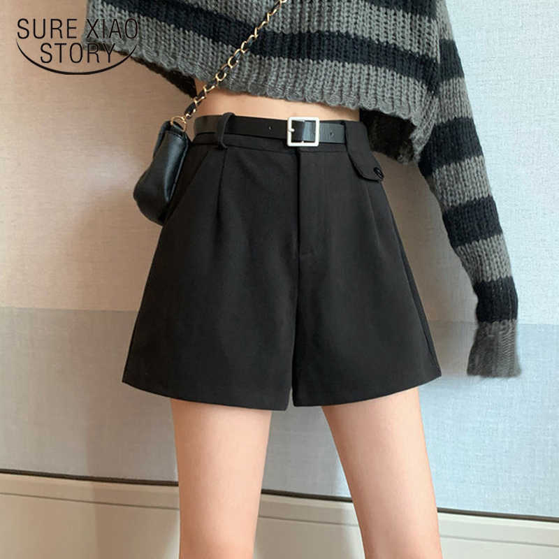 

Spring Plus Size Thicken Woollen Short Loose Autumn Winter Casual High-waist Wide-leg Shorts Present with Belt Short Femme 12222 210527, Black