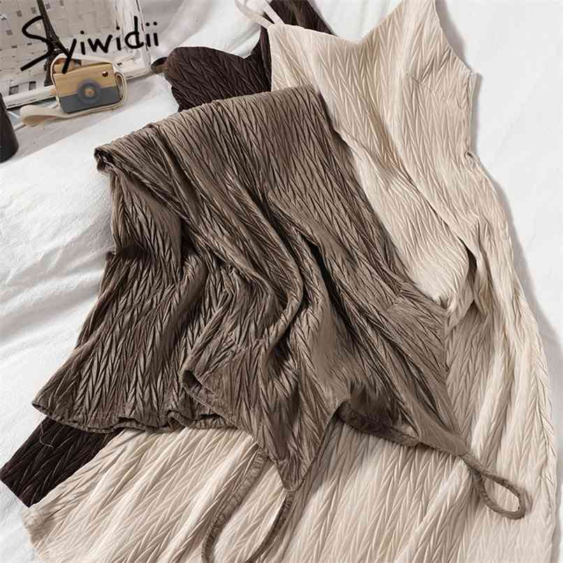 

Fashion High Waist Sexy Camis Dresses Women Folds Sleeveless A-line Solid Black Clothing Autumn Winter Korean 210607, Khaki
