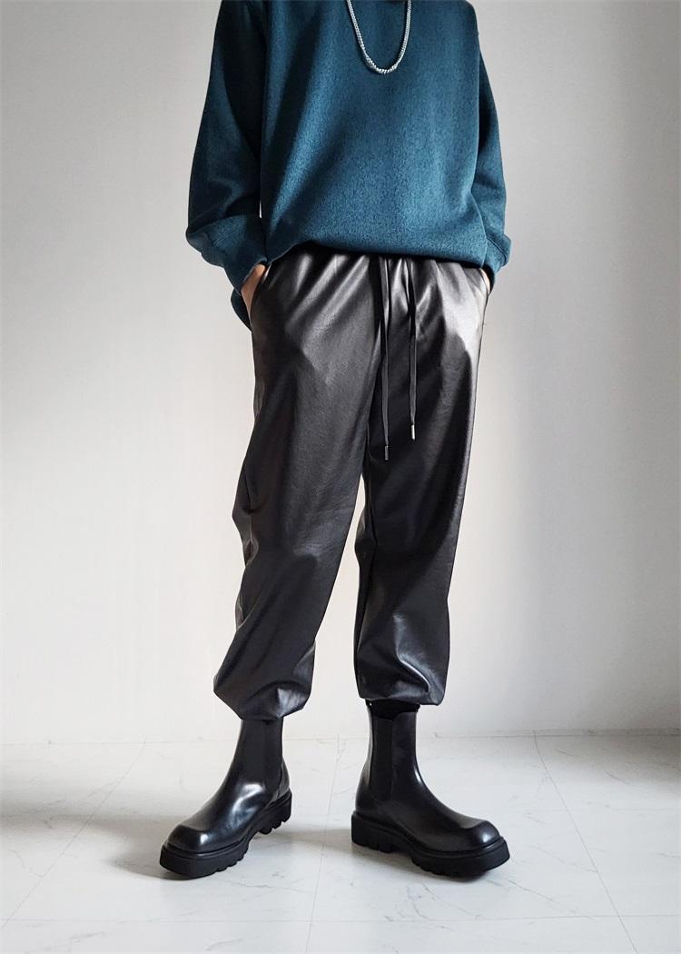 

Men' Pants Trousers Autumn And Winter Windproof Warm Casual Loose Large Pu Fabric Elastic Waist Youth Fashion, Black