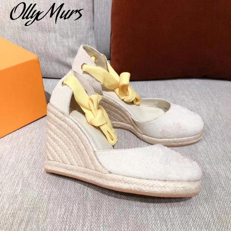 

Sandals Ollymurs Womens Fashion High Wedge Espadrille Canvas Embroidered Rope Platform Sole Sandal Summer Ribbon Ties Shoes, Pink ribbon