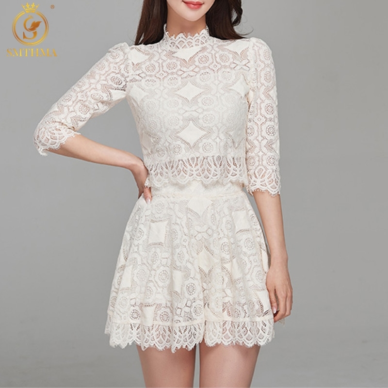 

Fashion Two Piece Skirt Suit Women Elegant White Lace Short Top +High Waist Temperament Hollow Out Clothes Sets 210520, Photo color