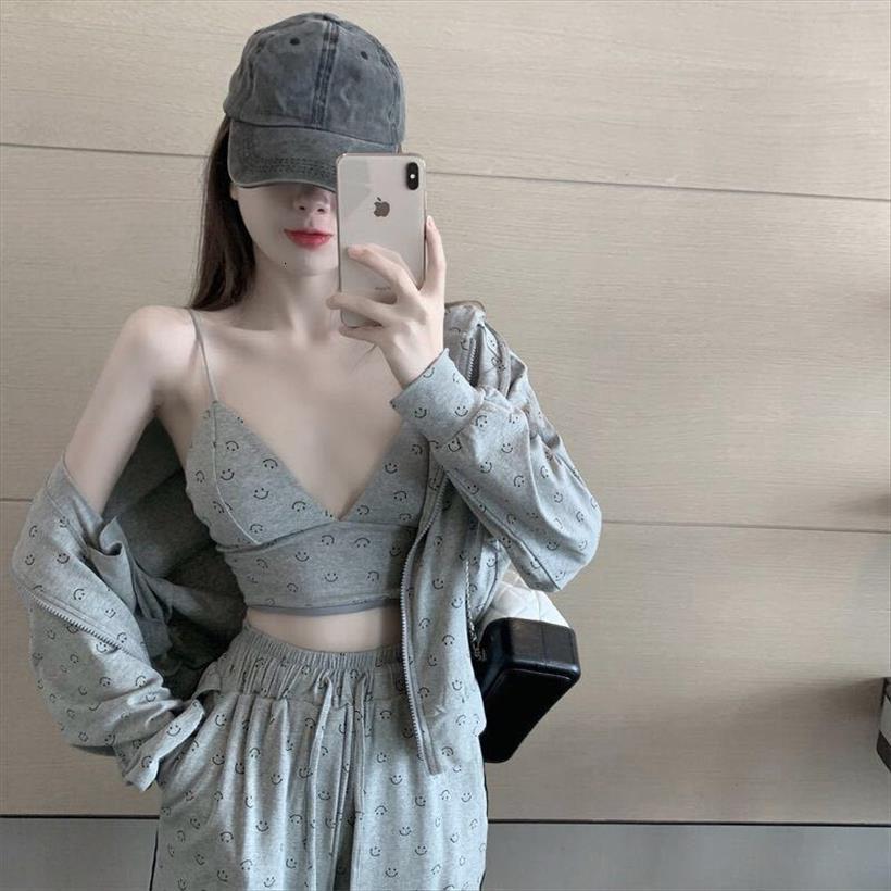 

3pcs set xl korean style women tracksuits plus size spring summer thin coat shirt pants solid vintage sets, Gray