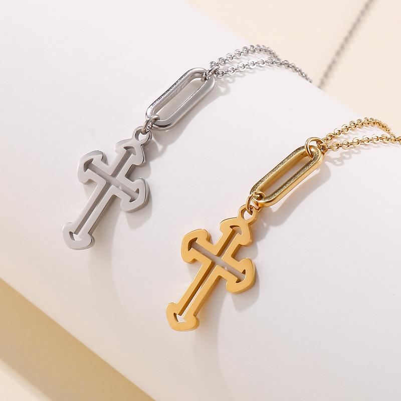 

Earrings & Necklace Fashion Personality Stainless Steel Golden Metal Cross Hollow Shape Pendant Jewelry Set Ladies Simple, Silver