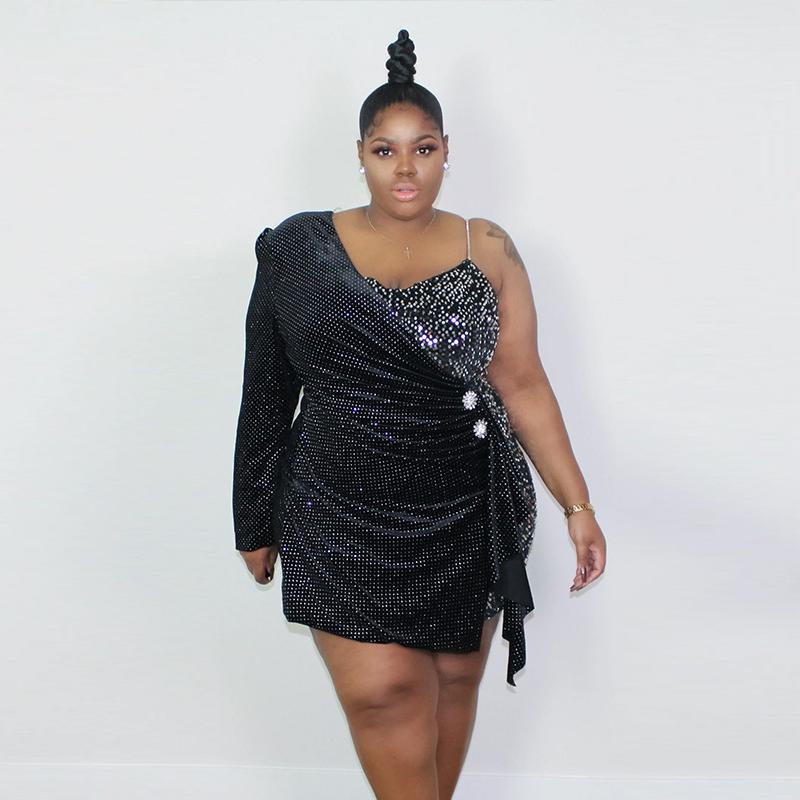 

Plus Size Dresses Elegant Irregular One Shoulder Dress For Women Sexy Night Club Party Evening Birthday Outfits 5XL 4XL 2022, Black