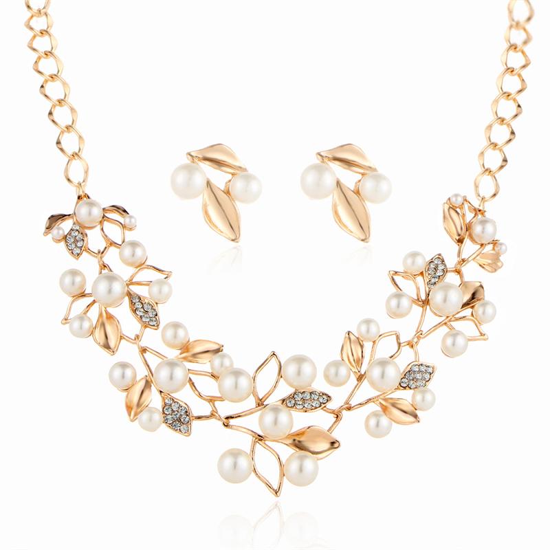 

Earrings & Necklace Fashion Pearl Jewelry Set Gold Color Leaf Metal Chain Wedding Vintage French Bride, Silver