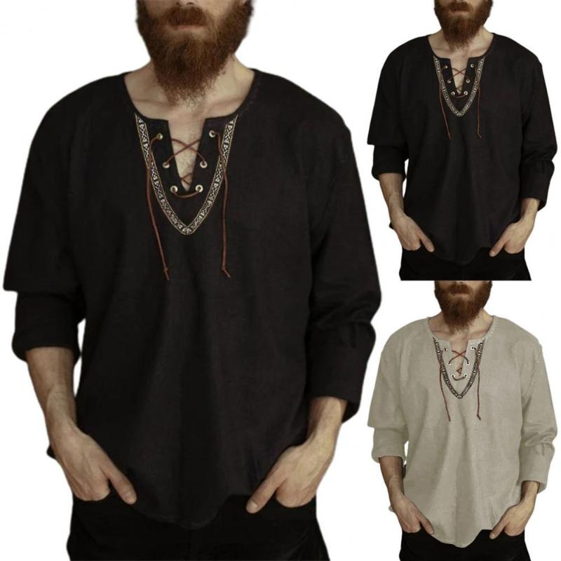 

Men's Casual Shirts Moisture-wicking Trendy Front Lace Up Long Sleeve Top Comfy Loose V-Neck For Vacation, Black