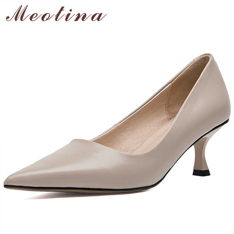 

Meotina Genuine Leather High Heels Pointed Toe Women Shoes Stiletto Heel Dress Pumps Office Ladies Footwear Spring Beige Size 40 210608