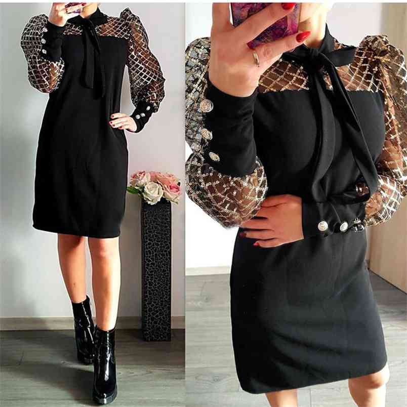 

Women Autumn Dress Sequined Mesh Stitching Female Long Sleeve Round Neck Lace Up A Line Mini Vestidos 210517, Black