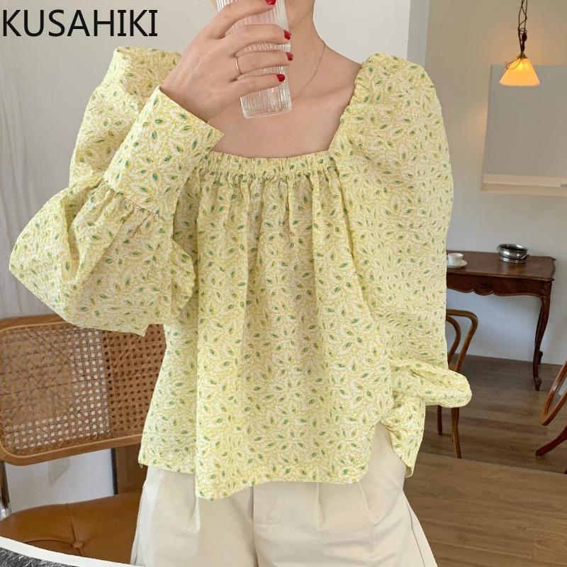 

Women's Blouses & Shirts KUSAHIKI Puff Sleeve Square Collar Blouse Tops Korean Causal Woman 2021 Autumn Sweet Blusas Mujer De Moda 6L340, Yellow