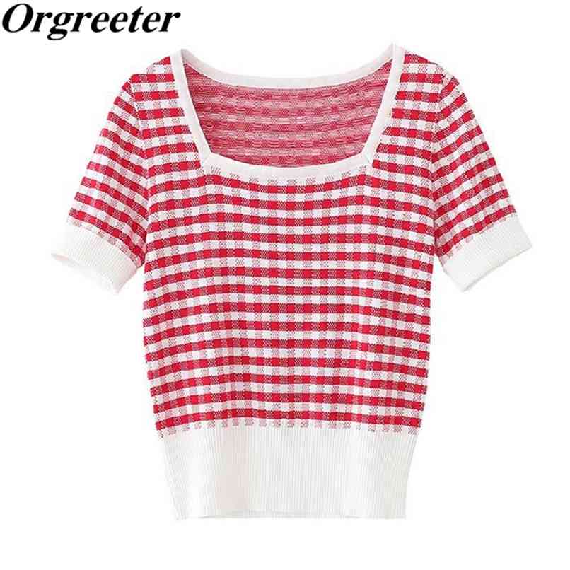 

Summer Square neck Classic Striped Short-sleeved Thin Sweater Female Elegant Lady Knitting Women's Top 210602, Black