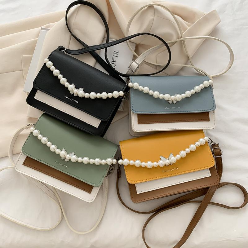 

Evening Bags Fashion Women's Leather PU Contrast Color Shoulder Crossbody Messenger Bag Casual Ladies Butterfly Patchwork Pearl Handbags, Black
