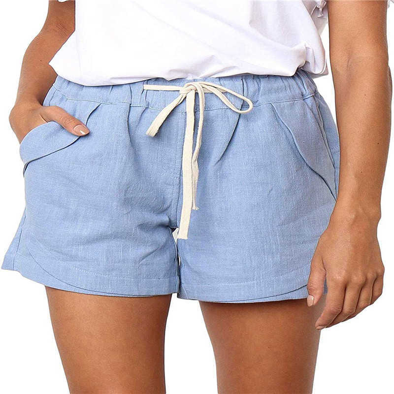 

Solid Color Casual Shorts For Women Summer Elastic Waist Drawstring With Pockets Female Loose Straight Plus Size Sweatshorts 210608, Beige