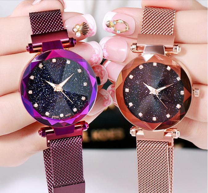 

Wristwatches Women Girl Creative Starry Sky Masonry Watch High Quality Stainless Steel Magnet Strap Luxury Quartz Wristwatch, As picture