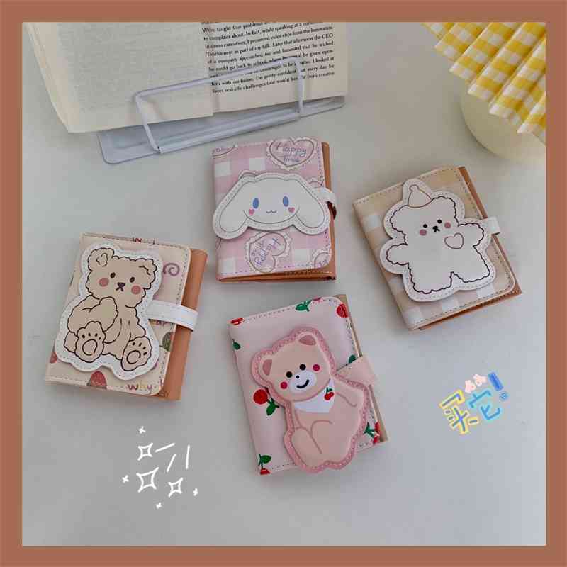 

Korean ins simple cartoon cute short Pu 30% off wallet girl heart student change card bag, Strawberry bear wallet