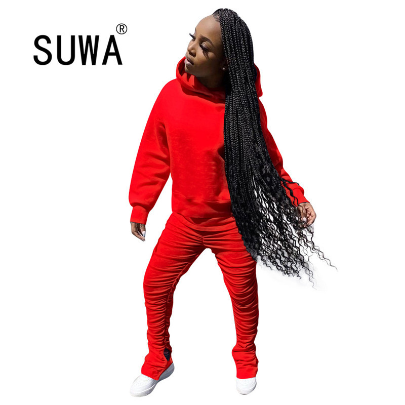 

Fashion Autumn Winter Women Set 2 Pieces Outfits Long Sleeve K-Pop Hoodie Tunic + Stacked Joggers Soft Streetwear Tracksuit 210525, Gray