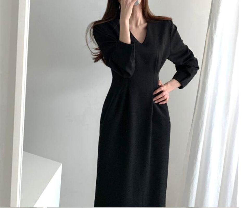 

Casual Dresses Lady Pleated Solid Long Dress 2021 Women' Autumn Winter Vintage Korean Style Fashionable Elegant CL731-1, Black