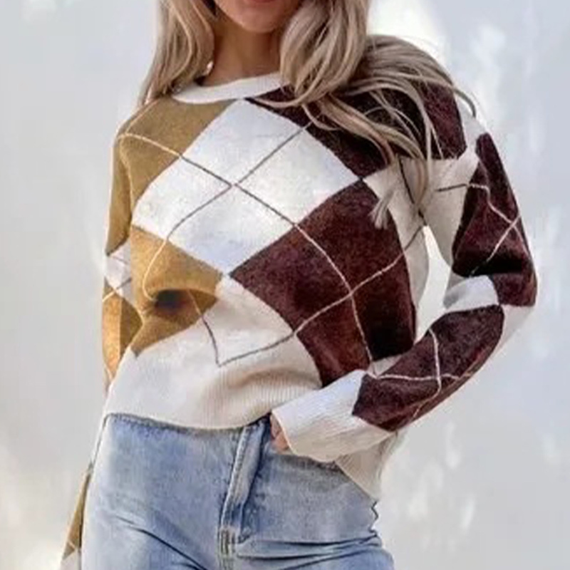 

Women's Sweaters female cotton plaid contrast knitted shirt spring and autumn fashion retro lady long sleeve brown sweater S2HA, 1# shoe box