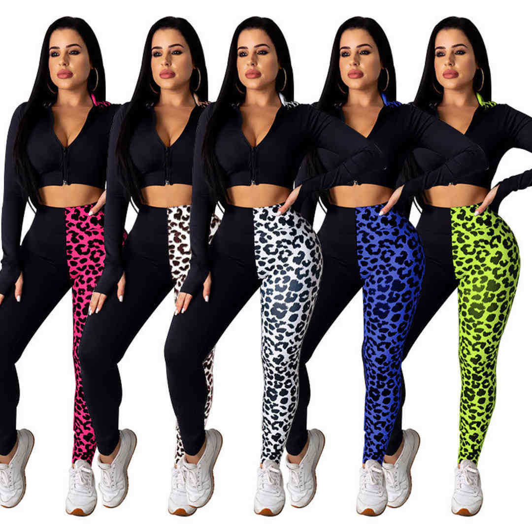 

Women Designers Clothes 2021 2 Piece Pants Set Autumn Pull On Two-color Leopard Long Sleeve Tight Sportswear, White
