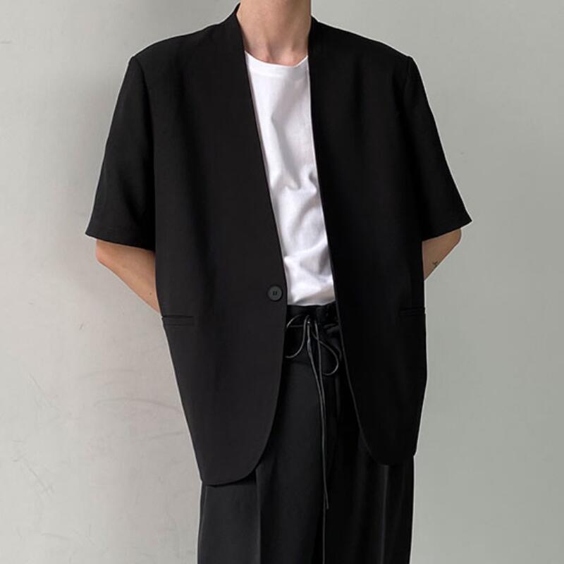 

Men' Trench Coats / Spring Fashion Personalized Customization Large Collarless Short-sleeved Single-breasted Suit/-6XL, Black