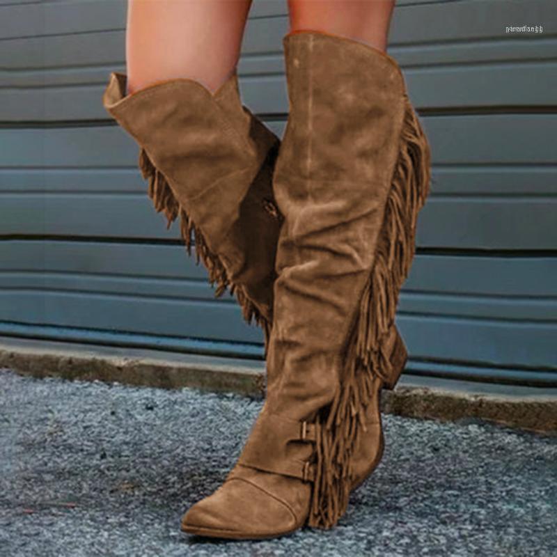 

Fashion Bohemian Boho Knee High Boot Ethnic Women Tassel Fringe Faux Suede Leather Hight Booties Girl Flat Long Botas Mujer1, Khaki