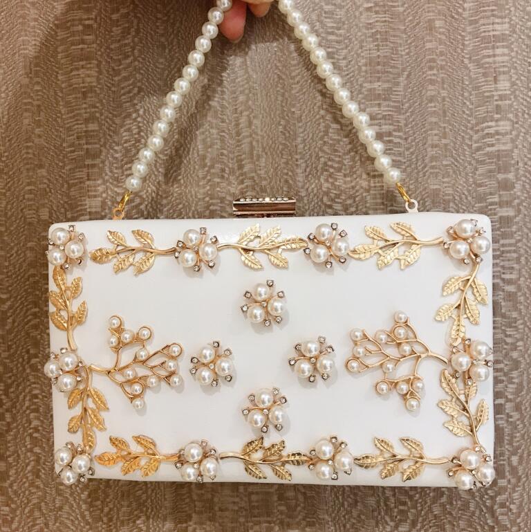 

Factory wholesale leather women chain bag sweet lady Pearl dinner bags personality small fresh white Beads handbag elegant atmosphere hard box Diamonds handbags, White(boutique box)