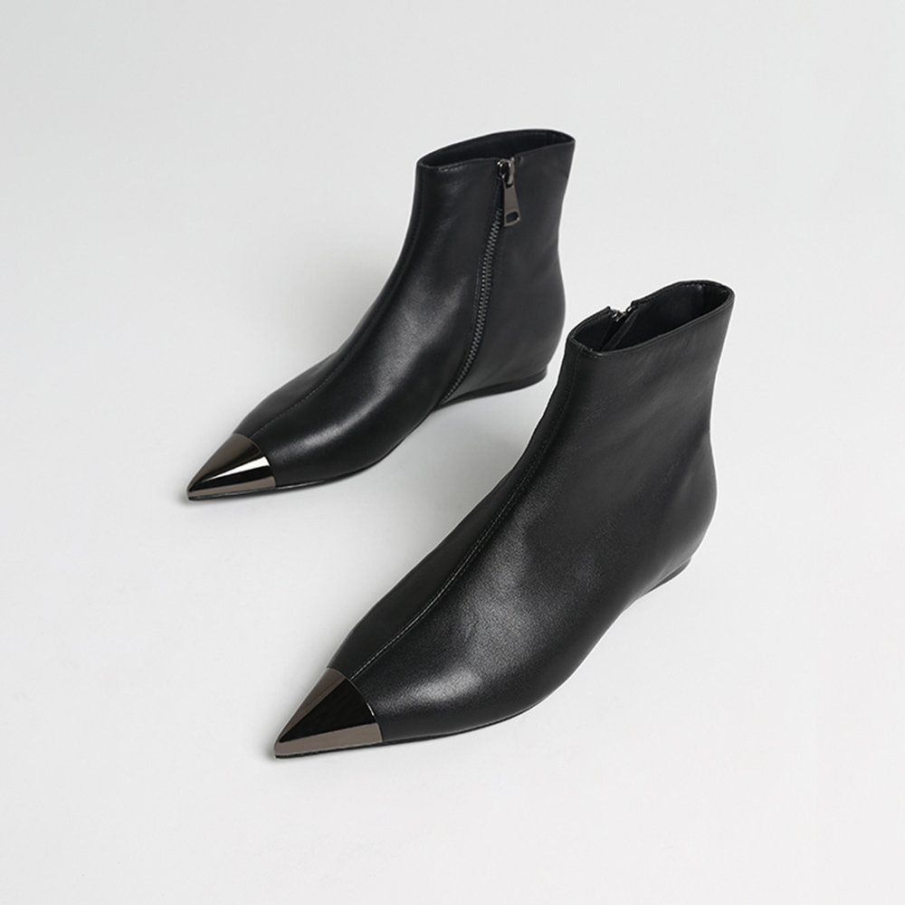 

boots new womans ankle flat with pointed toe genuine leather metal head zipper modern motorcycle martin uqmt, Black