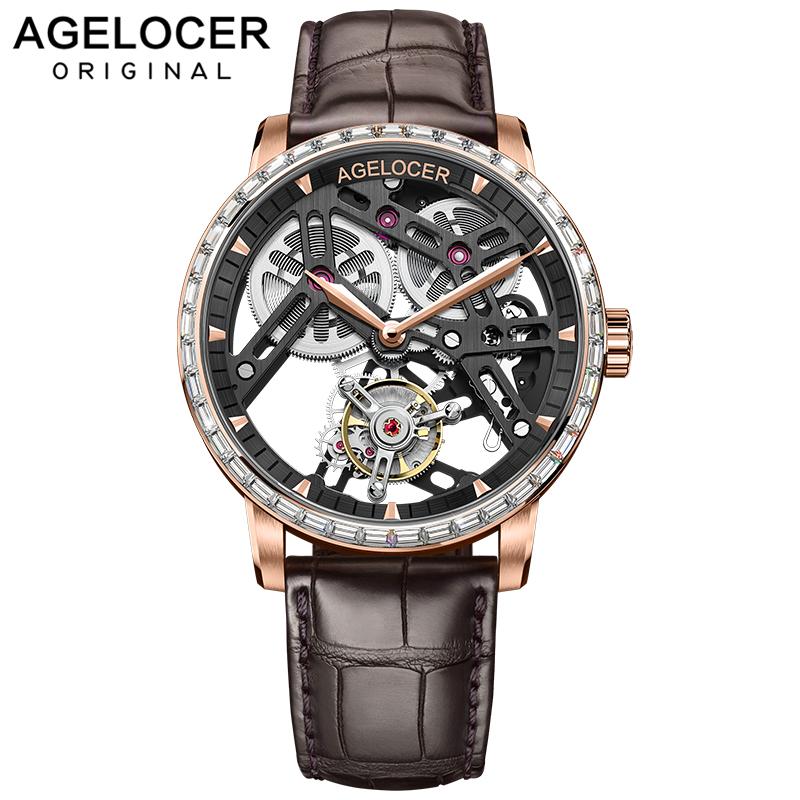 

Wristwatches AGELOCER Top Swiss Tourbillon Watch Men Power Reserve 80 Skeleton Sapphire Leather Relogio Masculino, Slivery;brown