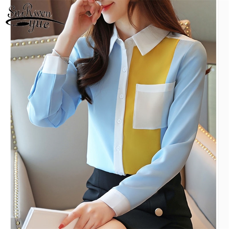 

Office Lady Shirts Autumn Fashion Women Chiffon Blouses Casual Spliced Women Clothing Long Sleeve Pocket Women Tops 6196 50 210518, Pink