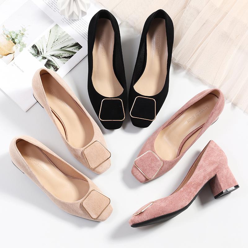 

Women Shoes High Heel Pumps Faux Suede Leather Square Toe Thick 5CM Metal Buckle Elegant Party Wedding Dress, Beige2.5cm