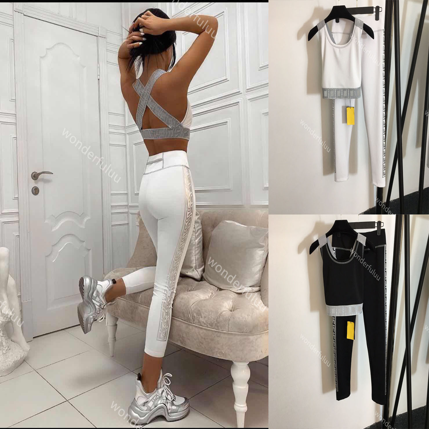 

2021ss fen and di womens backless yoga exercise sets FF great quality Women Designers Clothes black high waist fitness leggings two piece suit, White