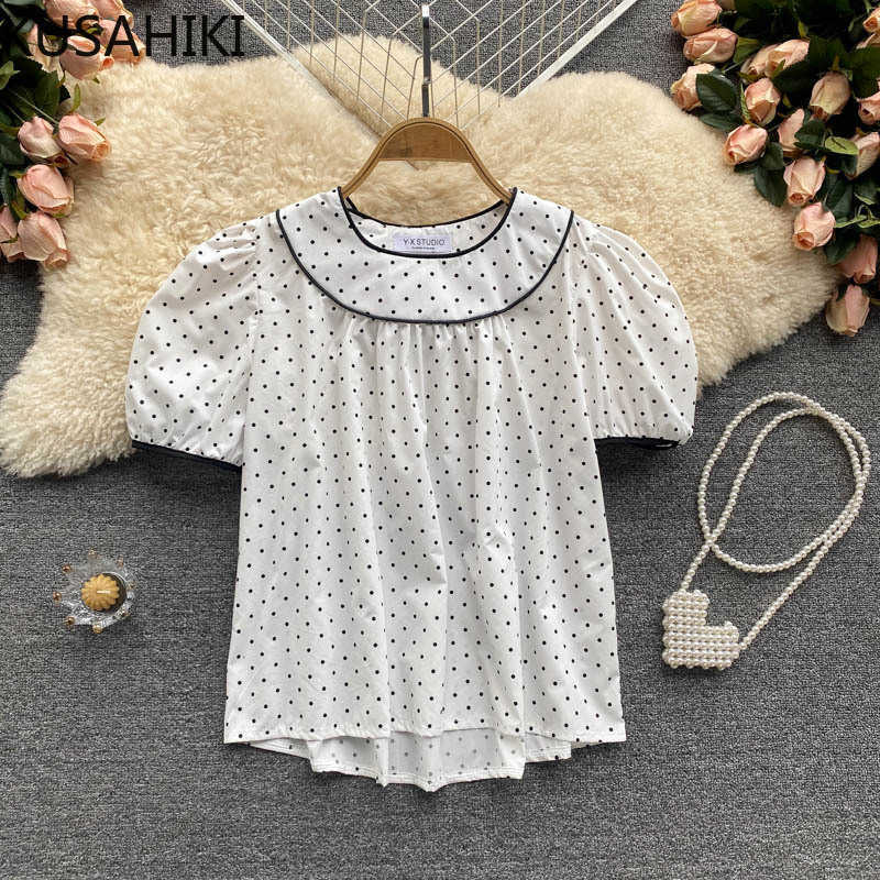 

Korean Hit Color Dot Women Blouse Causal O-neck Puff Short Sleeve Shirts Summer Blusas De Mujer 6H299 210603, Apricot