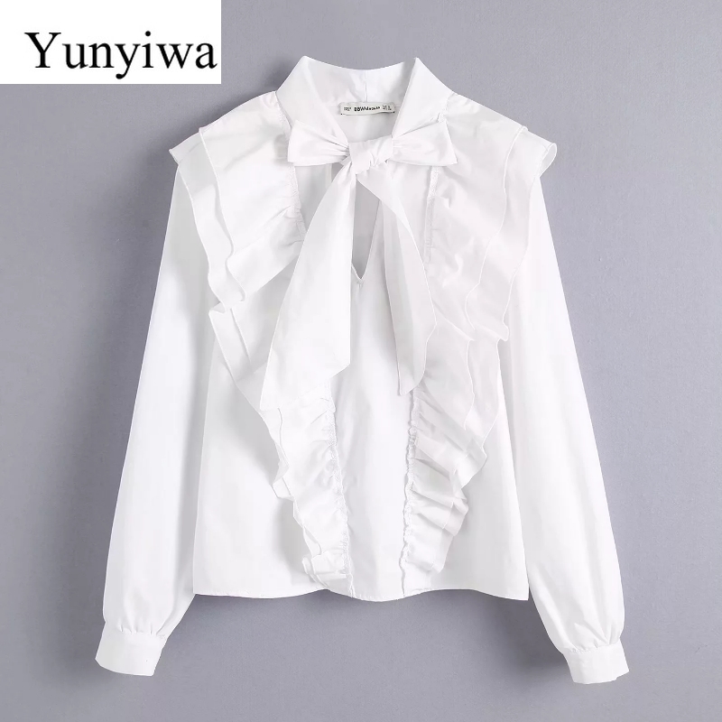 

Women Sweet Bow Tied Cascading Ruffles White Blouse Stand Collar Agaric Lace Smock Shirt Femininas Chic Blusas Tops, As picture