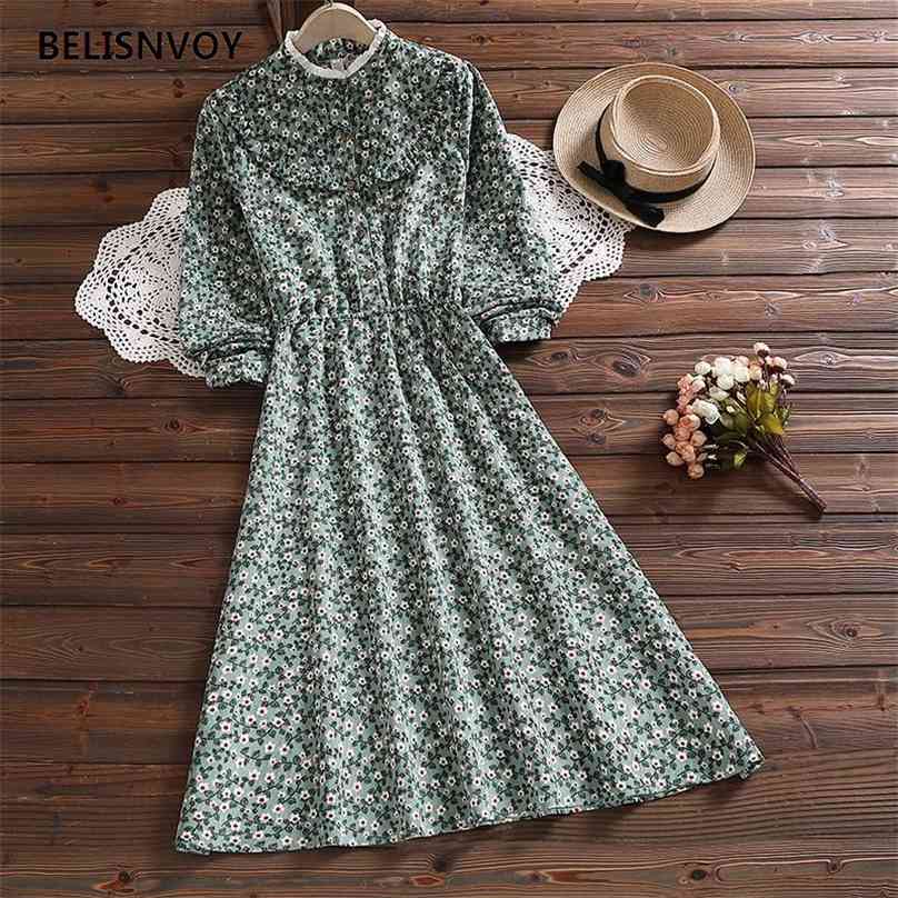 

Mori Girl Spring Autumn Women Corduroy Dress Elastic-Waisted Vintage Vestidos Korean Sweet Ruffled Floral Printed Midi 210520, Green