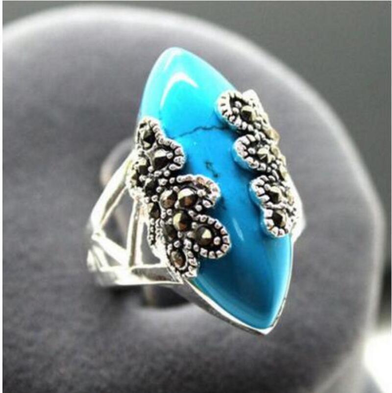 Cluster Rings Fashion Jewelry Wholesale Rare Vintage Style Blue Natural Jade & Marcasite 925 Silver Ring Size 7.8.9.10-image-712039425