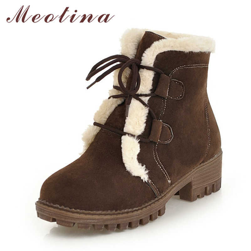 

Meotina Women Boots High Heel Ankle Boots Round Toe Short Boots Lace Up Thick Heel Female Shoes Warm Winter Brown Large Size 43 210608
