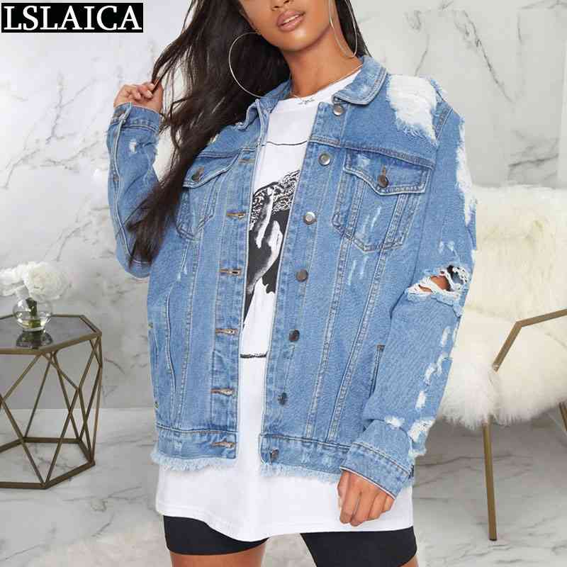 

Denim Jacket Long Sleeve Fashion Casual Jeans Women Hole Pocket Button Elegant Chaqueta Mezclilla Mujer 210520, Blue