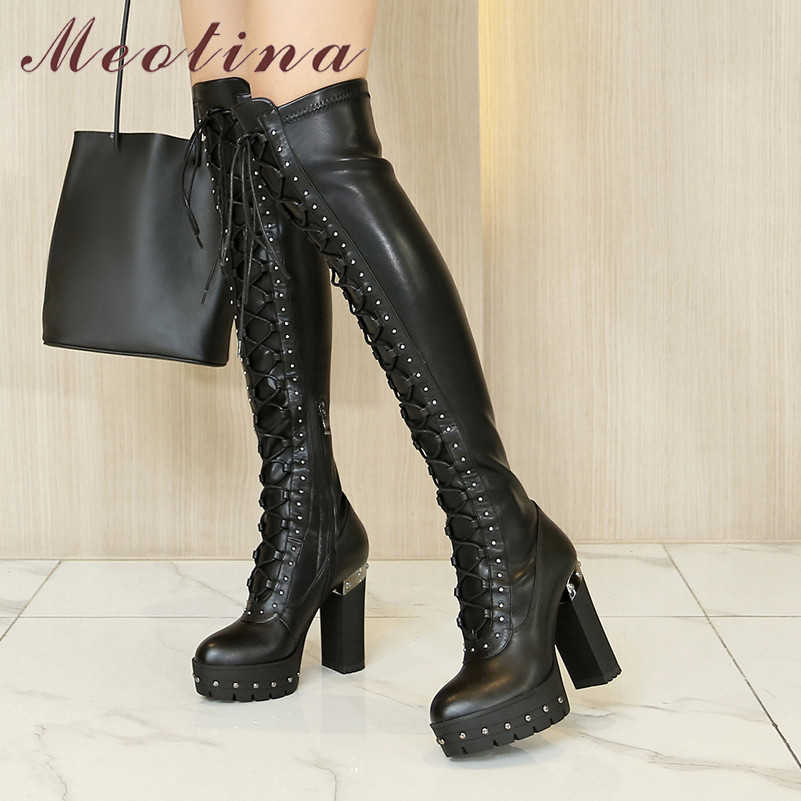 

Meotina Winter Over The Knee Boots Women Natural Genuine Leather Platform Block Heel Long Boots Zip Super High Heel Shoes Ladies 210608, Black