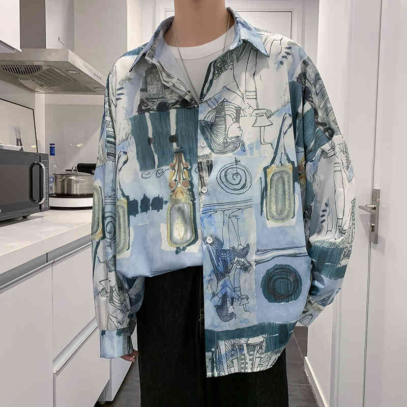 

Men's Casual Shirts Autumn Clothing Long Sleeve Hawaiian Shirt Flower Colour Printing French Cuff Mens Camisa Masculina -2XL Z3XS, Blue