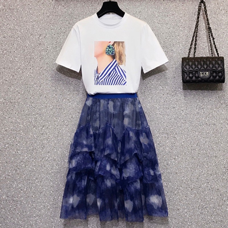 

Summer Women's Two Piece Set Casual Short Sleeve T-shirt + Elastic Waist Mesh Ruffles Skirt Set Ladies Skirt Suits 210518, Photo color