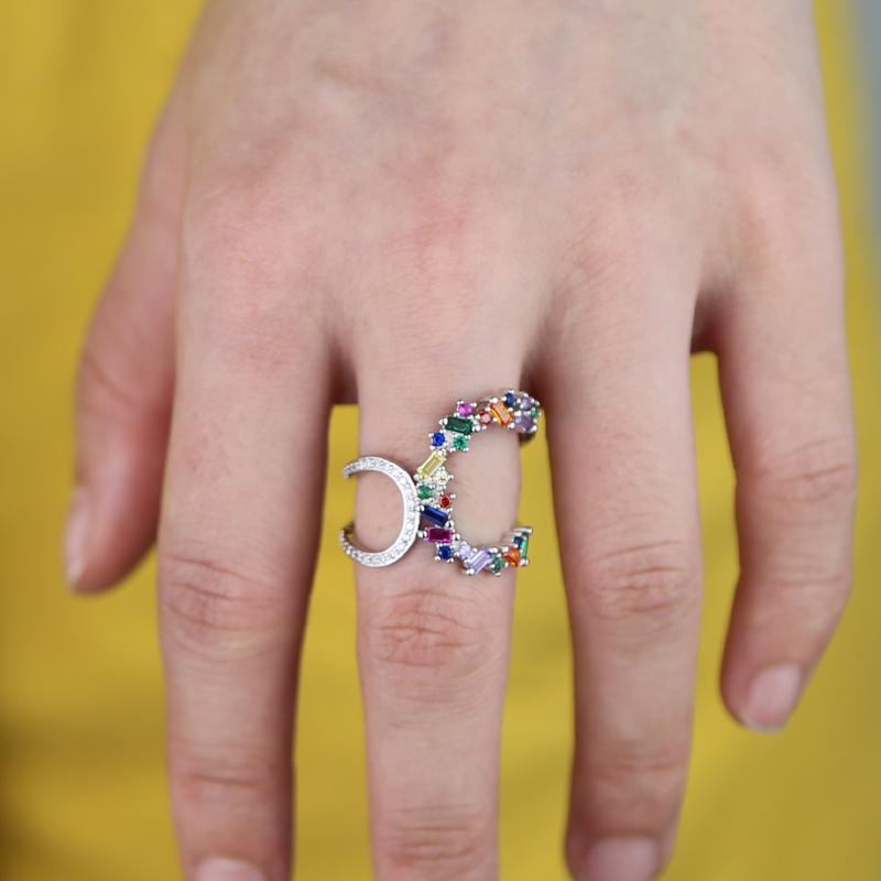 

cluster rings colorful cz finger ring style fashion baguette rainbow silver color sparking bling stone jewelry for wedding, Golden;silver