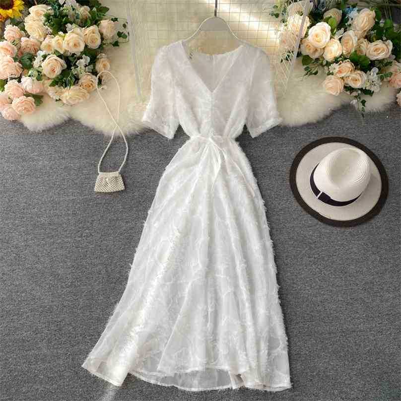 

Women Causal White Dress Summer V Neck Midi Chiffon es Elegant Ladies Slim Bodycon Party Vestidos Mujer 210525