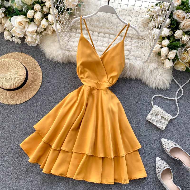 

FMFSSOM Summer Spring Beach Holiday V-Neck Backless Lace Up Ruffles Cakes Solid Elegant Women Lady A-line High Waist Dress
