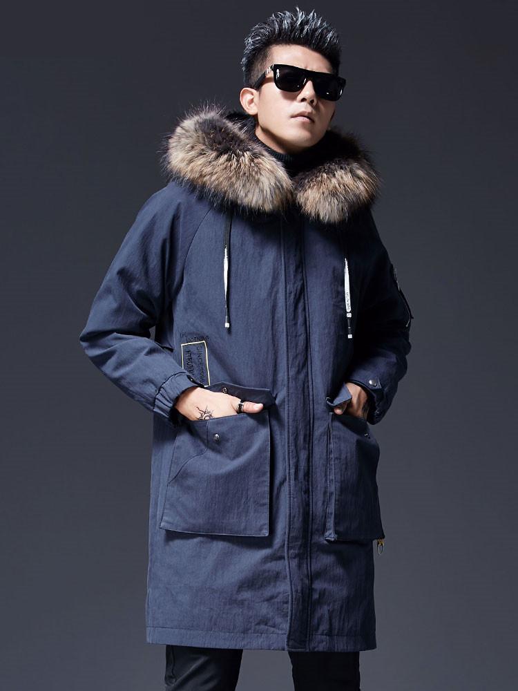 

Men's Trench Coats Real Raccoon Fur Collar Parka Men Long Coat Wool Liner Fashion Hooded, As photo
