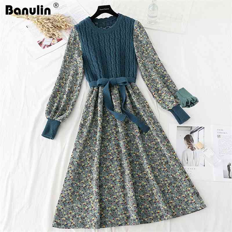 

Autumn Women Knit Patchwork Floral Print Dress Femme O-Neck Puff Sleeve Bow Drawstring Vintage es Casual A-Line Midi 210603, Blue