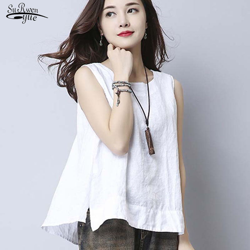 

Summer Fashion Sexy Top White Shirts Casual Solid Cotton and Linen Tanks Loose Ladies Tops Red Black Women 3234 210521