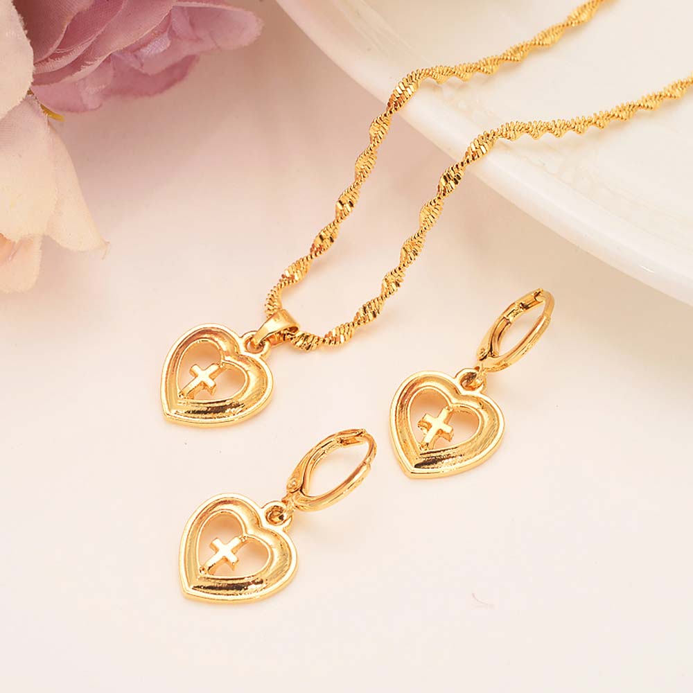 Europe women Pendant Necklaces/Earrings/Ring Jewelry set 9 k Fine G/F Solid Gold heart cross Gift-image-675724554