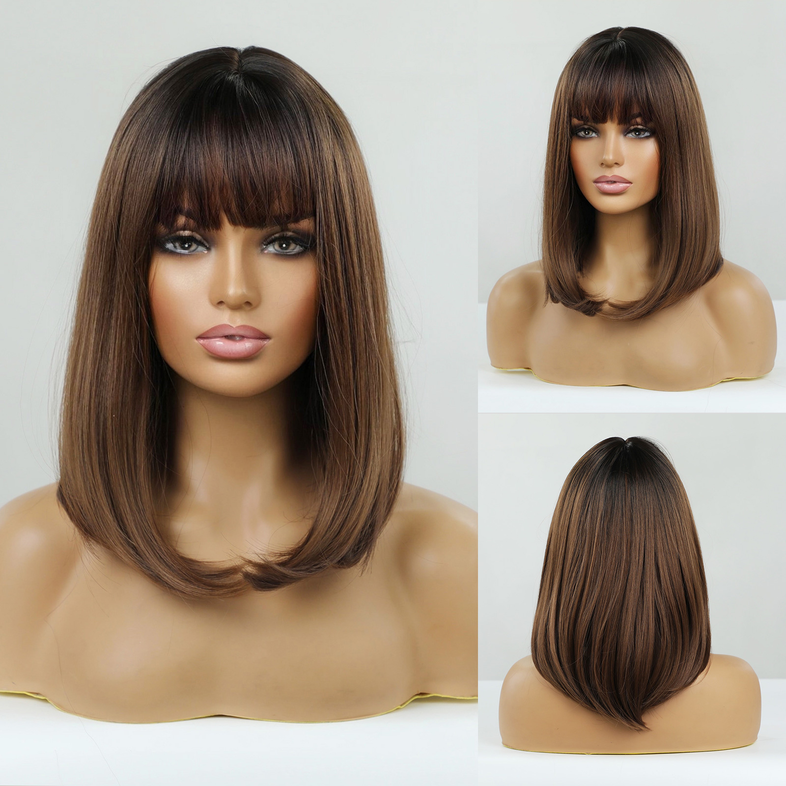 Costume Accessories EASIHAIR Synthetic Wigs for Women Honey Brown Wigs with Bangs Bob Wig Heat Resistant Cosplay Wigs Medium Length Cute Dai-image-751018514
