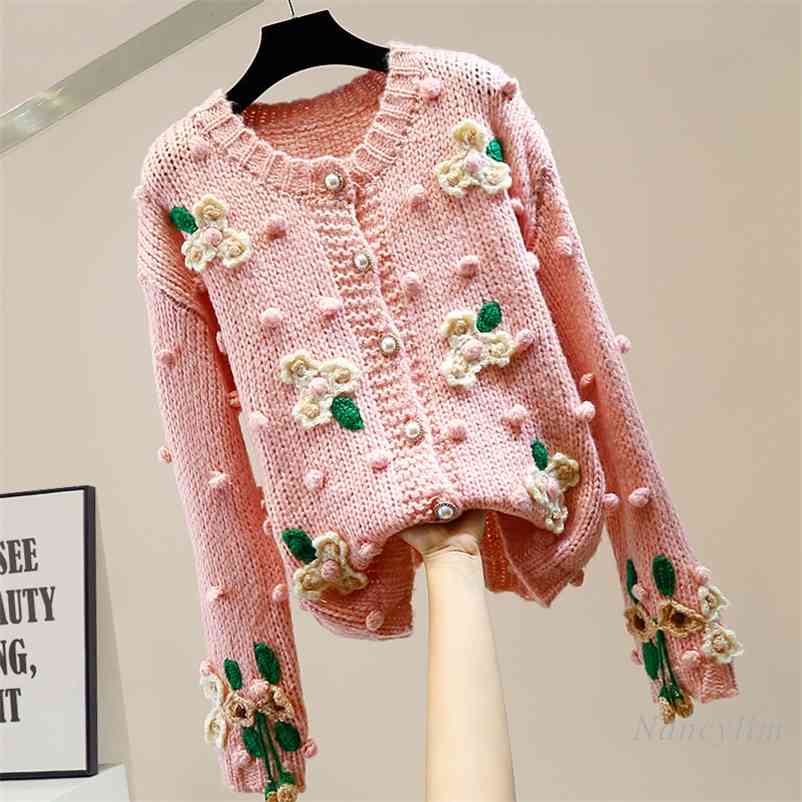 

Handmade Embroidery Three-Dimensional Flower Cute Soft Single Breasted Thick Line Knitted Sweater Cardigan Coat for Women 210519, Pink