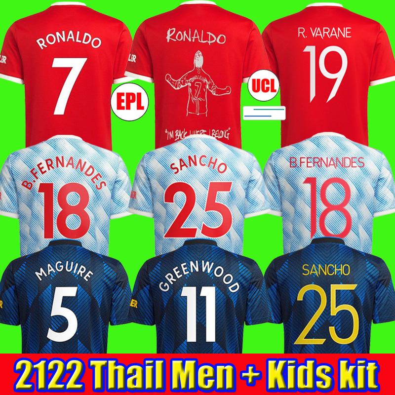 

CR7 21 22 SANCHO soccer jersey Fans Player version United BRUNO FERNANDES LINGARD POGBA RASHFORD football shirts UTD 2021 2022 men + kids kit sets, 2122 home