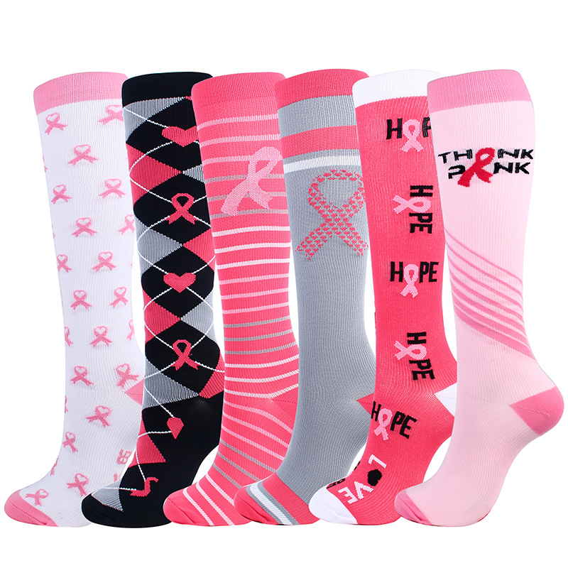 

Men Women Compression Socks Ribbon Printing Knee Sports Stockings (20-30mmHg) for Running,Travel,Cycling,Pregnant,Edema,Nurse, Beige